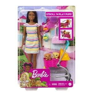 Barbie Stroll & Play Pups Playset with Brunette Doll, Transforming Stroller